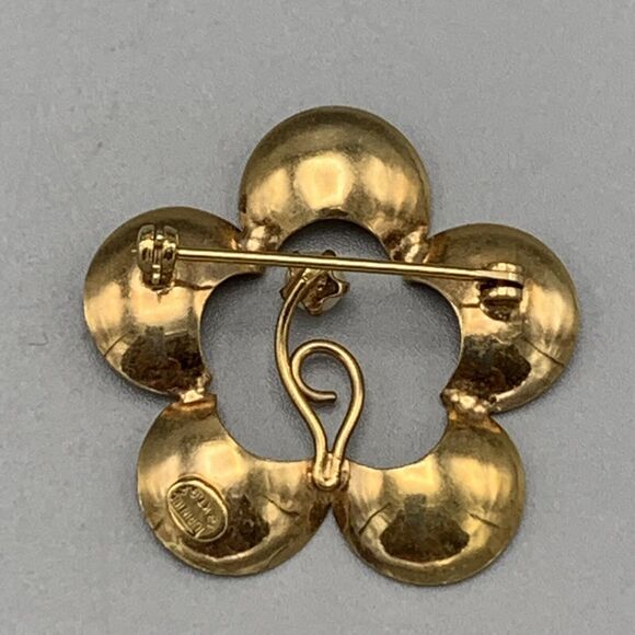 Vintage Gold 5 Petal Flower Retro Design Pearl Brooch Signed Turin Inc 12K GF - Picture 5 of 10